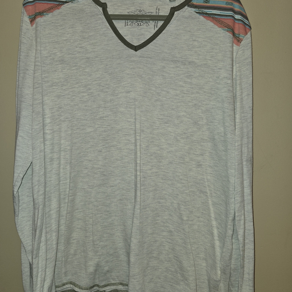 Gray V-Neck Long Sleeve Shirt with Colorful Accents
